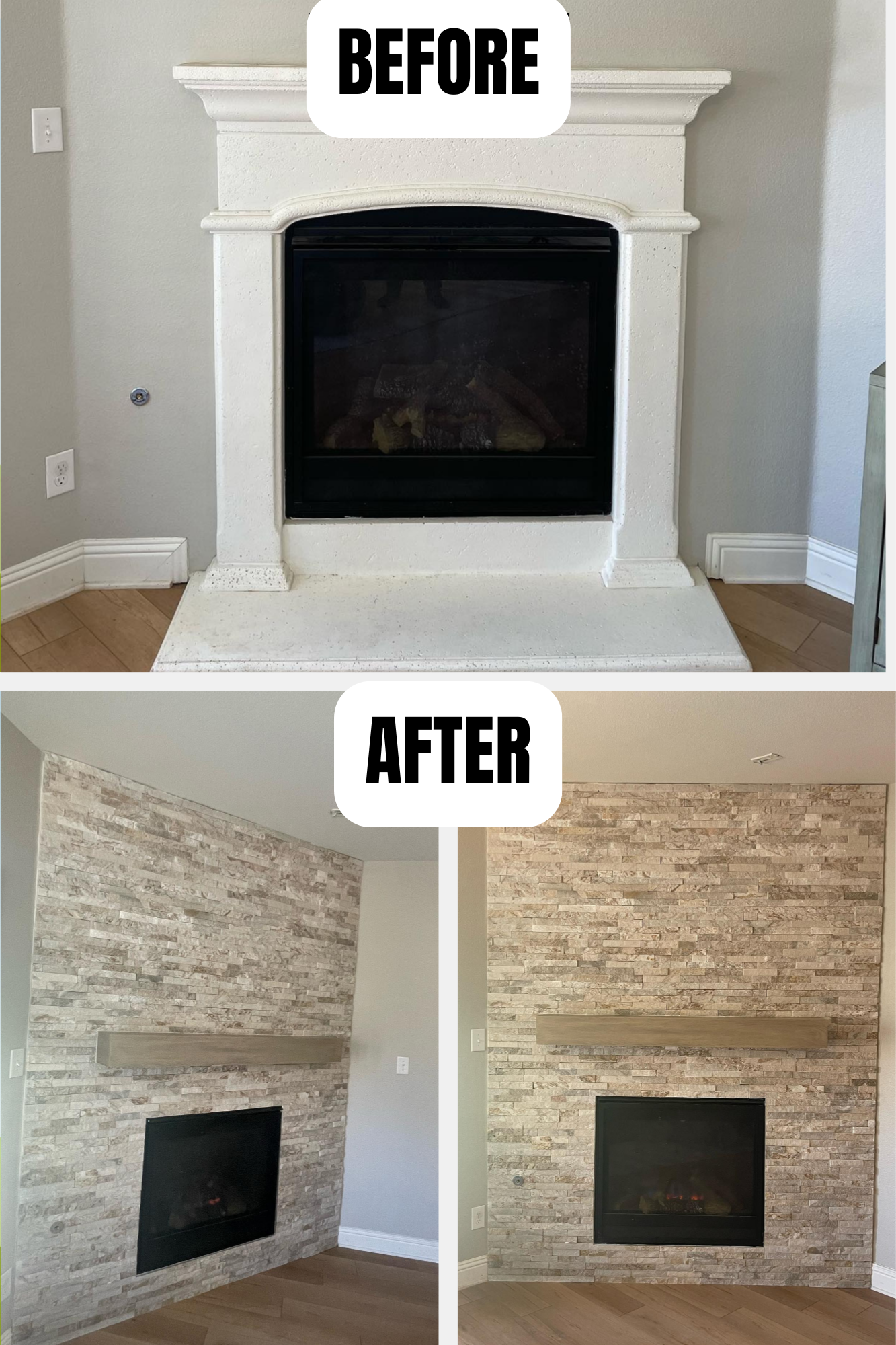Before and after: white stucco fireplace updated with stacked stone veneer and floating wood mantel