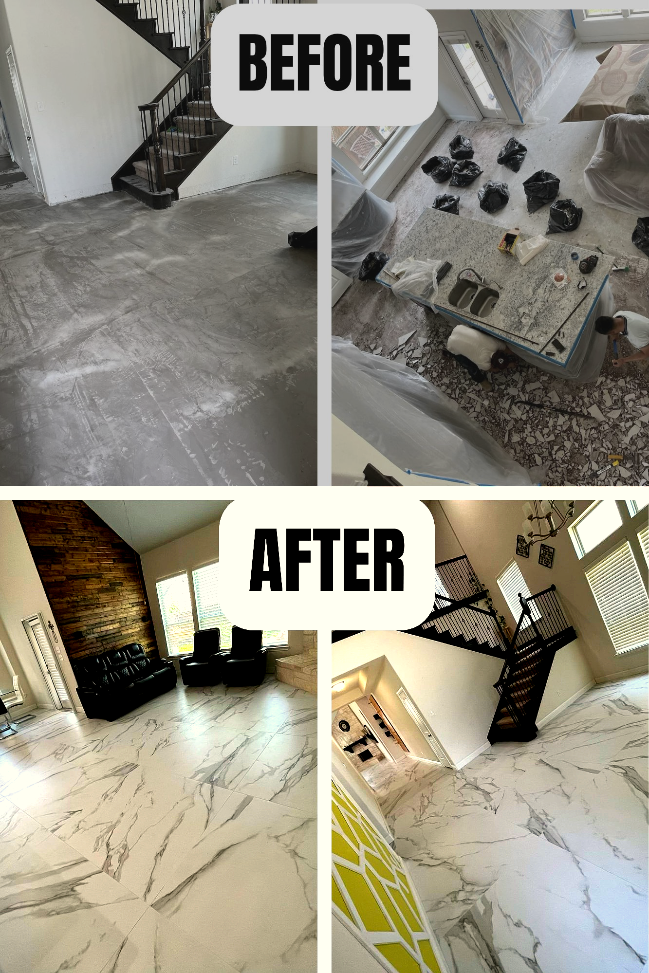 Before and after: concrete subfloor transformed into a luxury marble tile floor